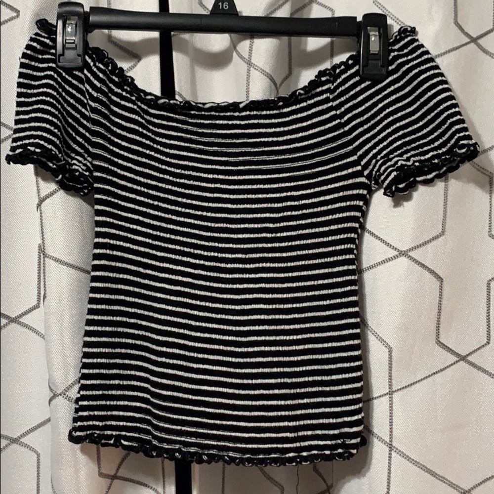 stripped off the shoulder ruffle detailed crop top